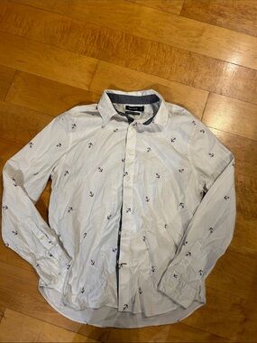 Nautica White Button-Down Shirt with Navy Anchor Embroidery